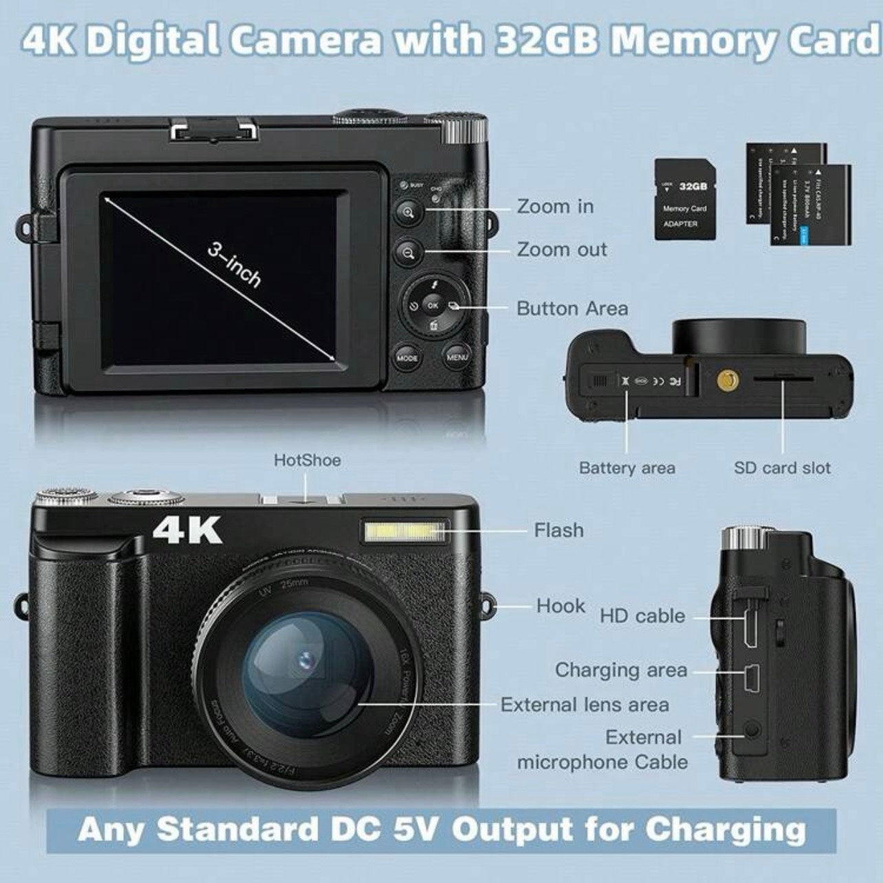 4K Digital Camera with 52mm UV Lens- 48MP